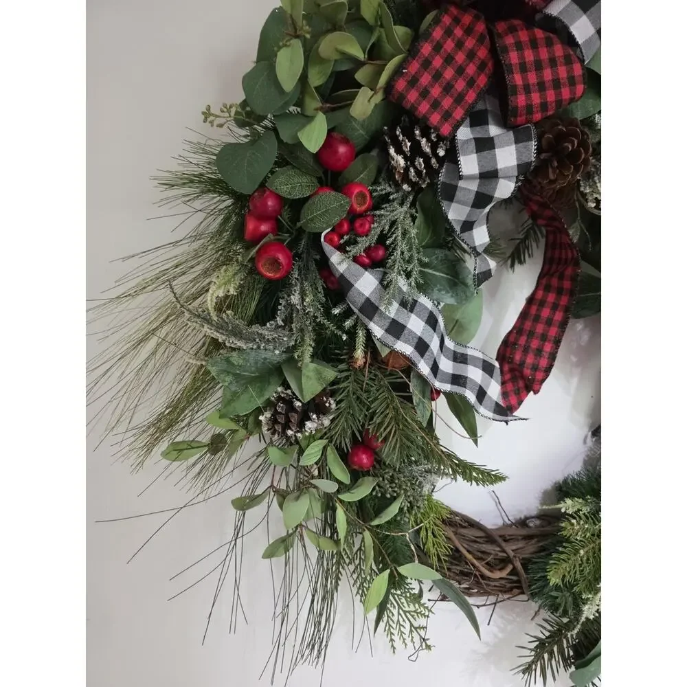 Handmade Buffalo Plaid Farmhouse Christmas Wreath Bells Berries Pinecones